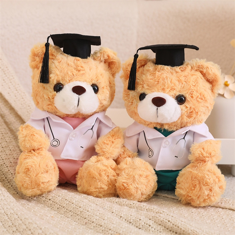 White Graduation Bear in Medical Doctor Robe Soft Stuffed Plush 23cm 9 inches Pink Green