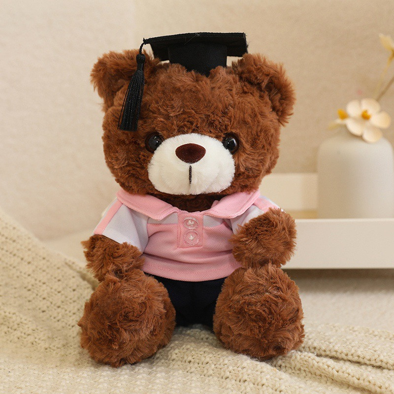 Dark Brown Graduation Bear in Polo Shirt Soft Stuffed Plush 23cm 9 inches Blue Pink Orange Yellow Green